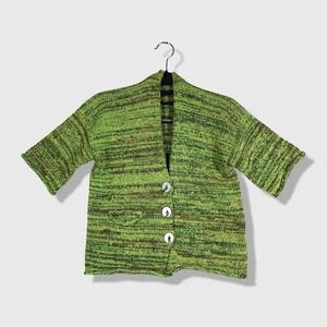 Handmade Knit Cardigan Sweater Women S Green Marled Short Sleeve Grunge
